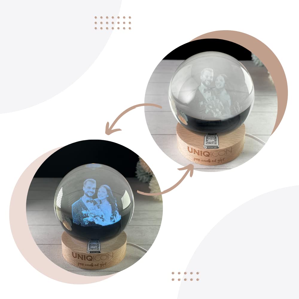 Boule de Cristal Personnalisé avec Photo et Texte, Boule en Verre Personnalisable, Base en Bois, Gravure au Laser et Photos, Cadeau Unique pour Femme, Ami, Anniversaire, Nouvel an, Saint Valentin