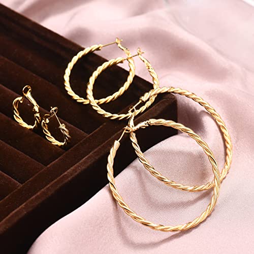 Large Gold Hoops Earrings for Women - 14K Gold Thin Twisted Hoop Earrings with 925 Sterling Silver Post, Hypoallergenic 20mm 40mm 60mm2
