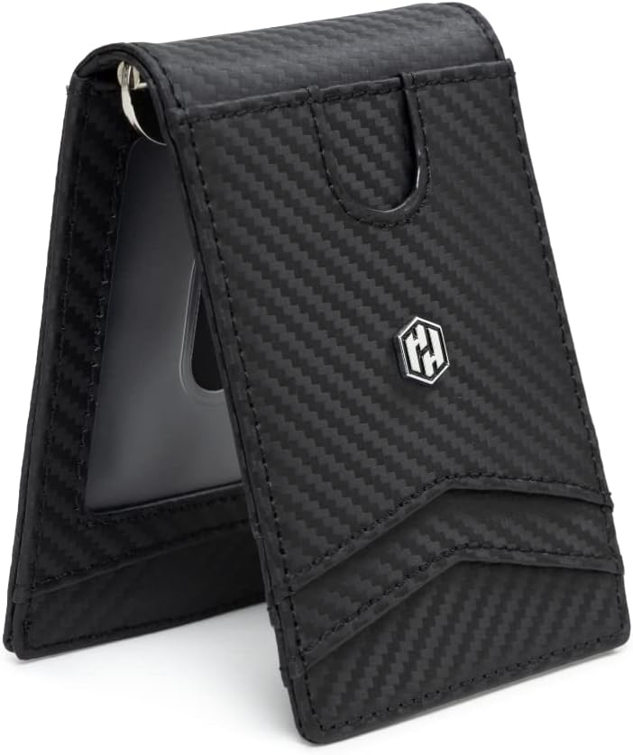 Hayvenhurst Minimalist Slim Wallet For Men - Front Pocket Credit Card Holder - Leather Billfold Wallet with Metal Money Clip, ID Window & Front Card Slot | Billfold (Carbon Fiber, Billfold)