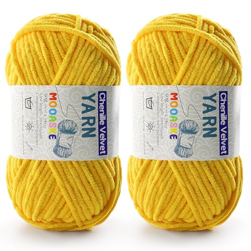2 Pac Chenille Yarn for Crocheting - Blanket Yarn for Crocheting - Fluffy Yarn for Crochet Baby Yarn for Crocheting Soft Blankets Weight Per Roll 50g/1.76oz Length 60m/65yard (Golden Yellow)