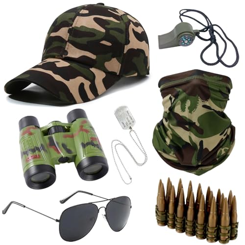 KxrTpx Army Costume for Kids Military Fancy Dress Outfit Soldier Costume Set with Camouflage Vest and Army Accessories 7-Piece Childrens Army Dress Up Kit with Jungle Camo and Green Trousers
