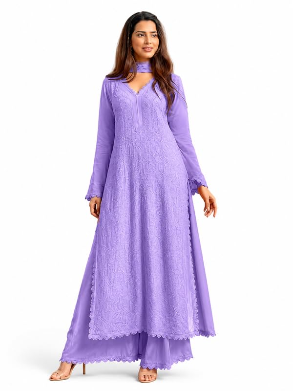 Image of Women Embroidered Straight Kurti with Palazzo And Dupatta Set | Elegant Ethnic Wear Kurta Set | V-Neck Long Sleeve Kurti | Stylish Casual, Festive & Wear for Women