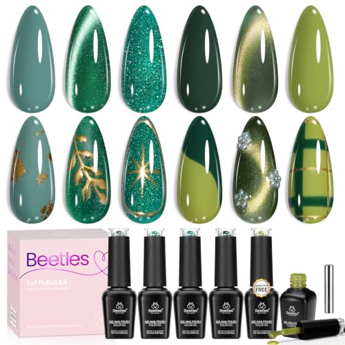 Image of Beetles Green Gel Nail Polish Set, Olive Sage Glitter Cat Eye Shade