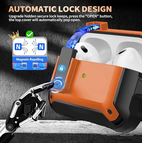 Image of Olytop for Airpods Pro 3 Case with Magnetic Automatic Lock, Rugged Apple Airpods Pro 3rd Generation Cover 2025, Armor Shockproof iPod Pro3 Gen Protective Shell with Carabiner&Cleaner kit, Black /Orange