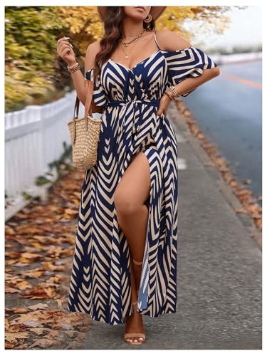 Image of Floerns Women's Plus Size Cold Shoulder Short Sleeve Split Thigh Long Dress