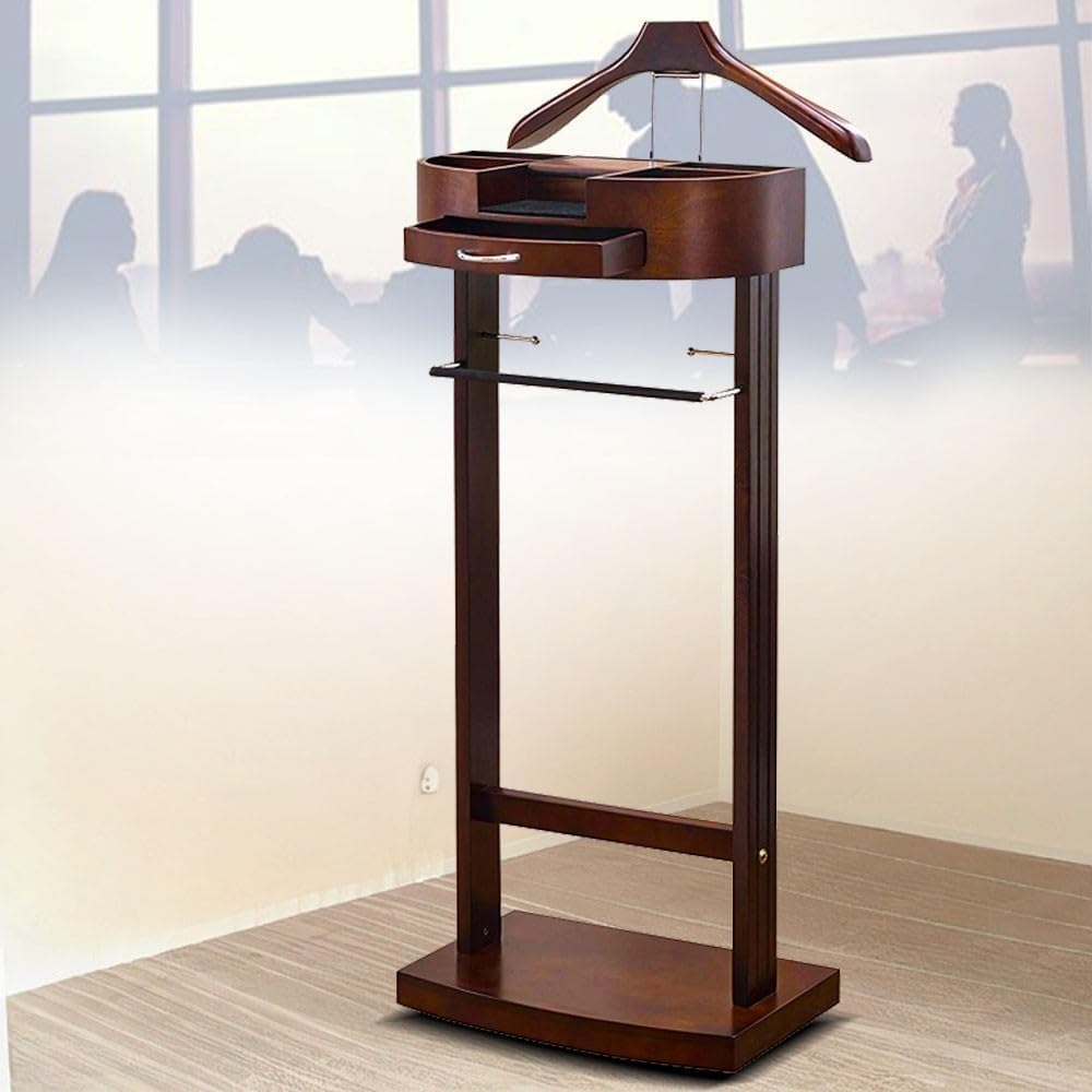 Suit Hanger Rack,Clothes Valet Stand for Men& Women Freestanding Wooden Clothes Valet Stand w/Drawers, for Crease Free Suit Coat