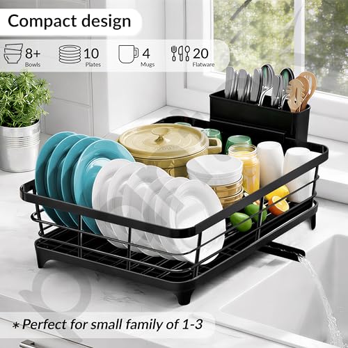 Image of Plantex Stainless Steel Dish Drying Rack /Vessel Drainer Basket with Tray /Smart Drainage Drainboard with Detachable Cutlery Holder /Utensils Drying Rack for Kitchen- (43 X 32 X 12 cm, Black)