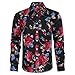 HISDERN Chemise Noir à Fleur Homme à Manches Longues Casual Motif de Rose Chemises Mode Coton Fête Vacances Festival S