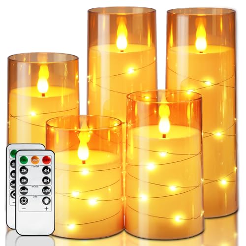 Image of Homemory Acrylic Flameless Candles with Embedded Star String Fairy Lights, Battery Operated Candle, LED Candles, Fake Candles with Remote Control and Timer for Halloween, Amber, Set of 5(H4 inch5 inch6 inch8 inch8 inch)