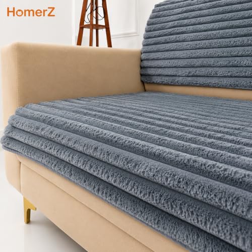 Image of Homerz Premium Rabbit Fur Sofa Cover with Anti-Skid Backing, Soft Plush Fabric Sofa Protector for Living Room Furniture (Grey, 7 (3+2+2) Seater, Seat Cover with Backrest)