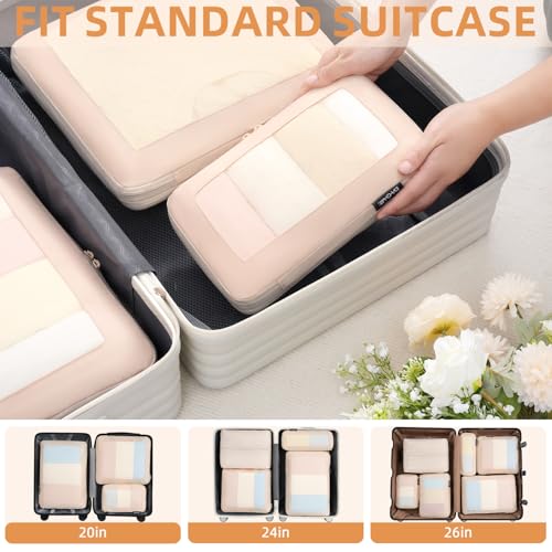 Image of BAGAIL 4 Set /6 Set /8 Set Compression Packing Cubes Travel Accessories Expandable Packing Organizers (Square Mesh, 05-Cream)