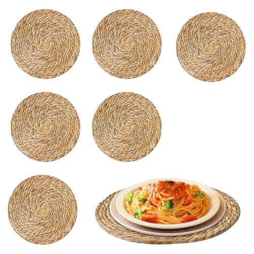 Juego de 6 manteles Individuales Redondos de Junco Tejido a Mano, 30 cm. Platzsets Lavables y Redondos para Mesa de Comedor, Cocina, decoración Bohemia, Estilo rústico y gastronomía de jardín