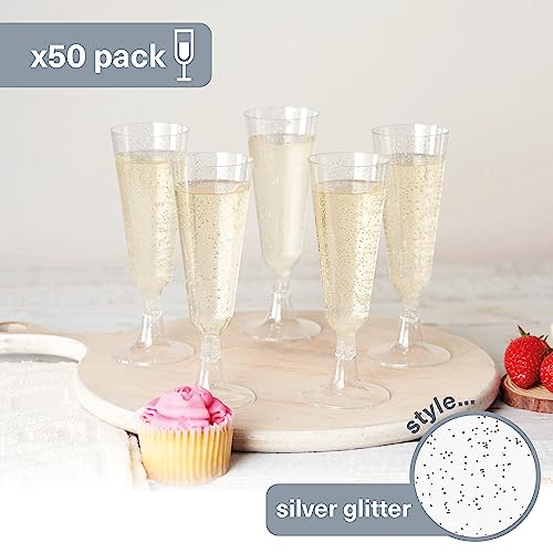 MATANA 50 Elegant Plastic Champagne Flutes with Silver Glitter, 150ml - Sturdy & Reusable - Cocktails, Prosecco, Mimosa - Toasting Glasses for Birthdays, Weddings, Christmas, BBQ & Parties