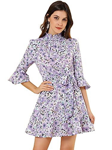 Allegra K Women's Floral 3/4 Bell Sleeve Smocked Belted Flare Ruffle Dress Medium White Purple #TOP11