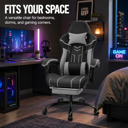 Image of Gaming Desk Chair for Adults, Ergonomic Gaming Chair with Footrest & Headrest and Lumbar Support, Leather Material Height Adjustable Computer Video Game Chairs (Black+Gray)