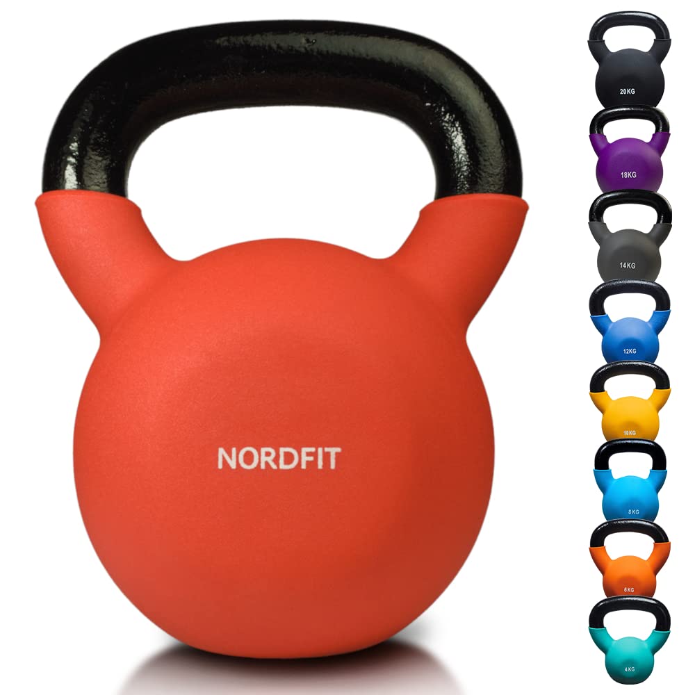 NORDFITNeoprene Coated Cast Iron Kettlebell Weights - Kettle Bells (4kg, 6kg, 8kg, 10kg, 12kg, 14kg, 16kg, 18kg, 20kg) - Home Gym, Fitness, Exercise, Cardio Strength Training and Weight Lifting