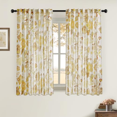 Image of XiDi Vintage Floral Curtains 63 inch Length 2 Panels Set for Living Room Back Tab Warm Farmhouse Bedroom Curtains Cottage Pretty Flower Patterned Linen Drapes Yellow Floral Pattern 52x63