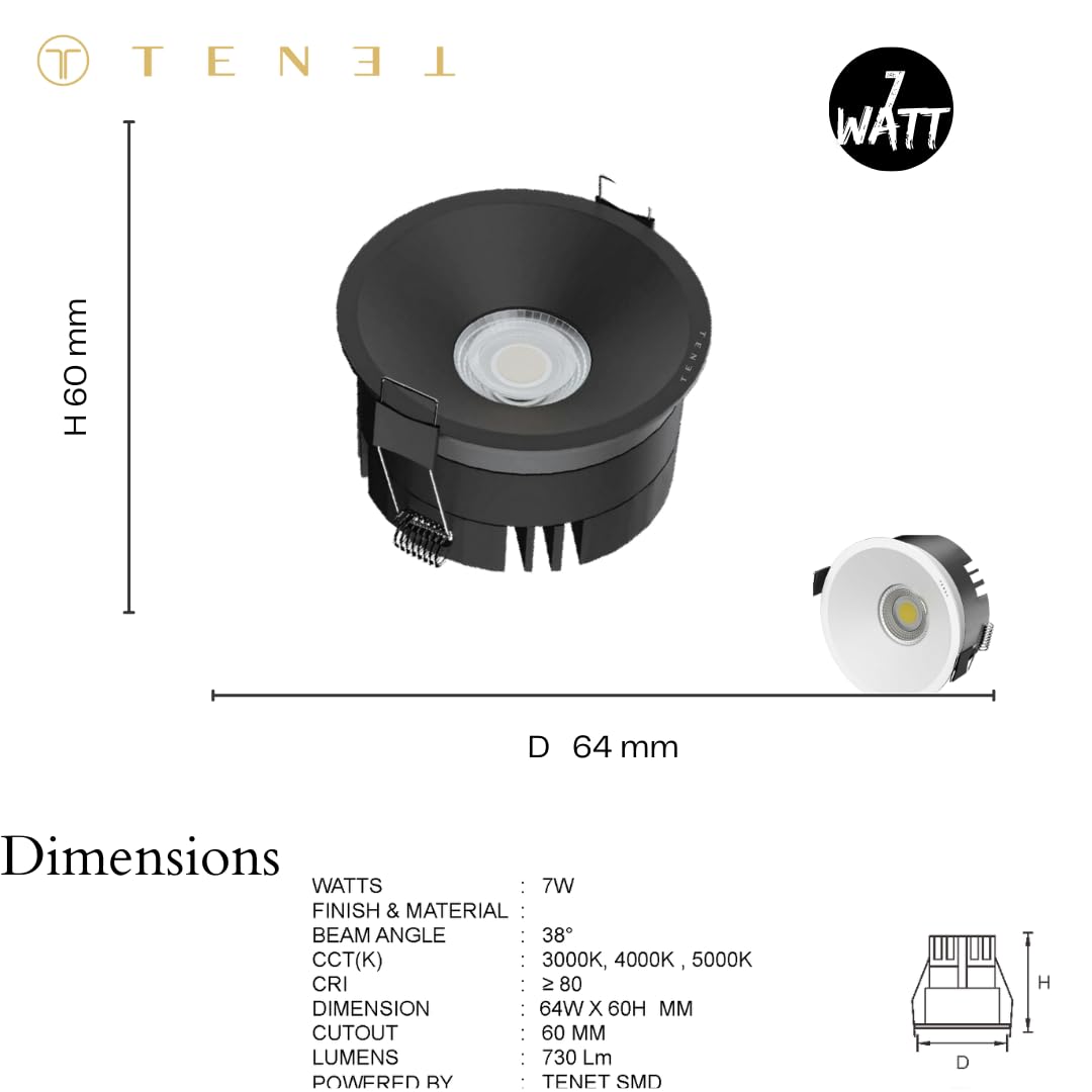 TENET Juliet COB Recessed Ceiling Light, Matte Black Round Downlight, COB Spot Light, Adjustable Spot Focus Down Ceiling Light (Antique, 4000K Warm White, Body Color:- Black Body, 12W, 1, Pack of 1) 2