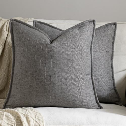 DEZENE 18x18 Linen Pillow Covers Grey Pack of 2 Farmhouse