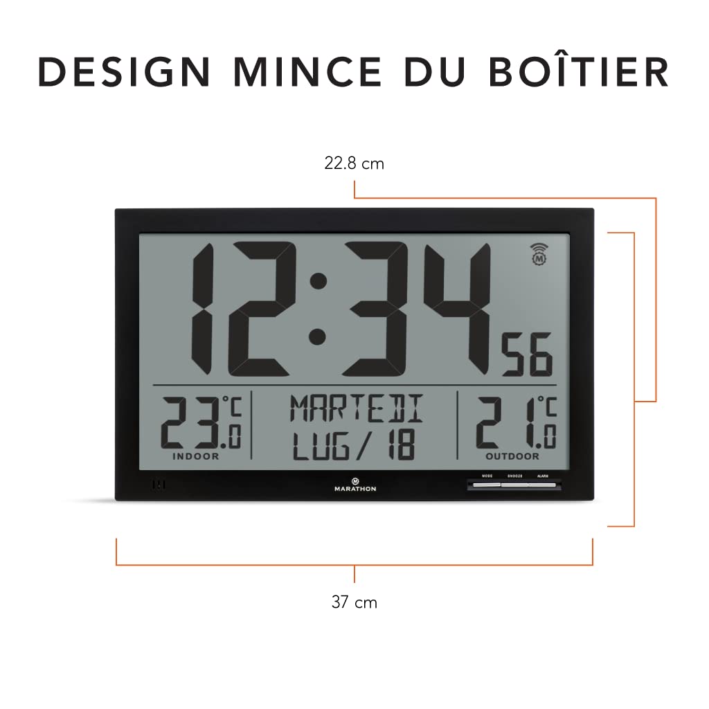 Marathon Denver-Horloge Murale Radio-pilotée-Horloge numérique Grand écran-Calendrier Radio-piloté-Grand Affichage Grands Chiffres-Thermomètre et hygromètre-Livré avec Une sonde météo-Piles incluses