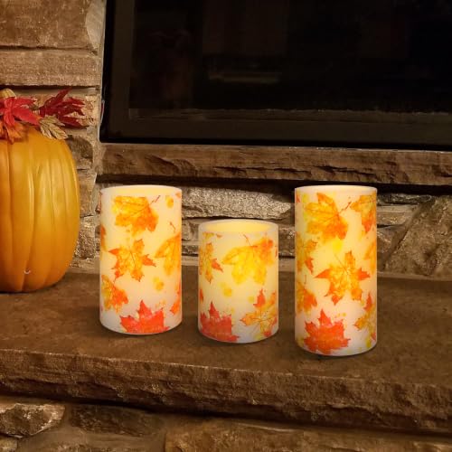 Image of Fall Leaves Flameless Candles with Remote Flickering Real Wax Battery Operated Candles for Home Party Wedding Botanical Autumn Decorations - Set of 3