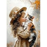 QENSPE Diamond Painting Adulte, Fille Embrassant un Chat 5D Peinture Diamant Baignoire Broderie de Diamant Complet Bricolage Diamonds Art Full Drill Décoration Murale Maison (30x40 cm)
