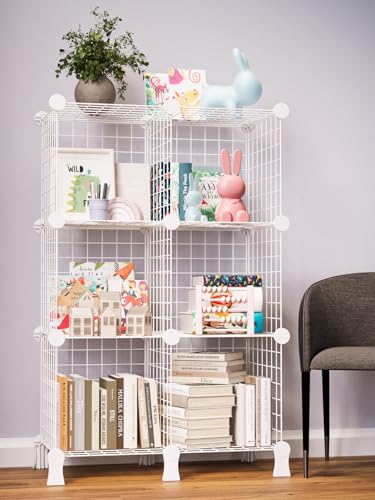 Image of BOXJOY 6 Shelf Metal Grid Open Book Shelf & Showcase Rack for Living Room Display with Bottom Stand | DIY Modular Bookshelf Organizer for Home Bedroom Office | Cabinet Organiser Self Storage (White)