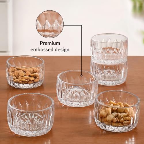 Image of Nestasia Small Glass Chutney Bowls Set of 6 (160ml Each) - Heat Resistant & Chip Resistant Ice Cream Bowls for Dips, Sauce & Pickles | Cyrstal Cut Transparent Katori with Gift Box - Ideal for Gifting