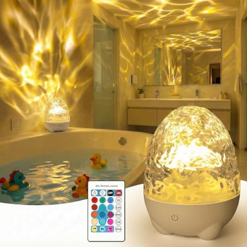 cambk Battery Operated Shower Lamp for Inside Bathroom, Egg-Shape Rechargeable Waterproof Shower Light RGBW 13 Color Changing Ocean Wave Projector Mood Lighting Water Ripple Lights