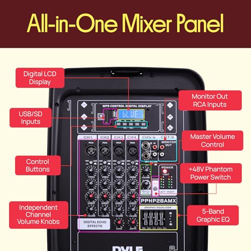 Image of Pyle PA Speaker DJ Mixer Bundle - 300 W Portable Wireless Bluetooth Sound System with USB SD XLR 1 /4 inch RCA Inputs - Dual Speaker, Mixer, Microphone, Stand, Cable - for Home /Outdoor Party
