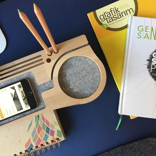 Image of Wooden Desk Organizer with Phone Stand, Multi-Compartment Stationery Holder, Natural Wood Finish (STYLE-2)