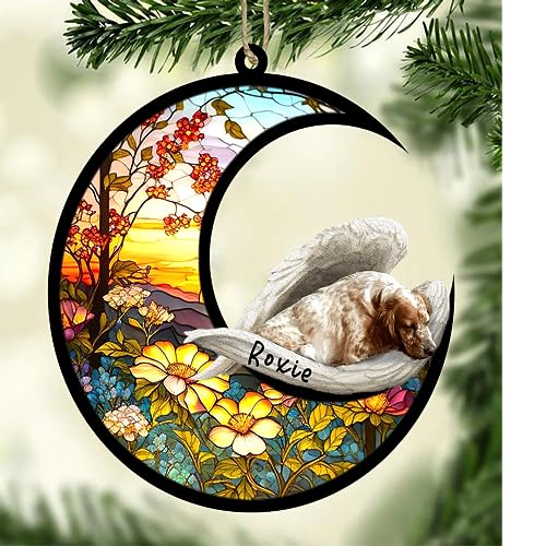 Personalized English Setter Dog Memorial Suncatcher, English Setter Christmas Ornament with Name, Pet Loss Catcher, Gifts for Dog Lovers Loss of Dog, English Setter Sleep on Haven