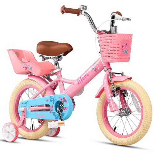 Glerc Sasha Girls Bike, 12 Inch Kids Bicycle for Ages 2-4 Years Old Children, Retro Vintage Style Toddler Bicycle with Doll Bike Seat and Basket, Pink