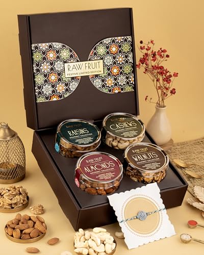 Image of HyperFoods Rakhi with Dry Fruits For Brother Pack of 4 Dryfruits Cashews Walnuts Almonds Pistachios 475 Grams Dryfruits Gift Chakra Wheel of Life Rakhi with Roli & Rice