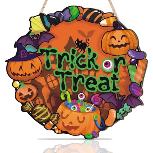 Trick or Treat Hanging Door Sign Wooden Halloween Wall Decor for Front Door Indoor Outdoor Home Party Decoration