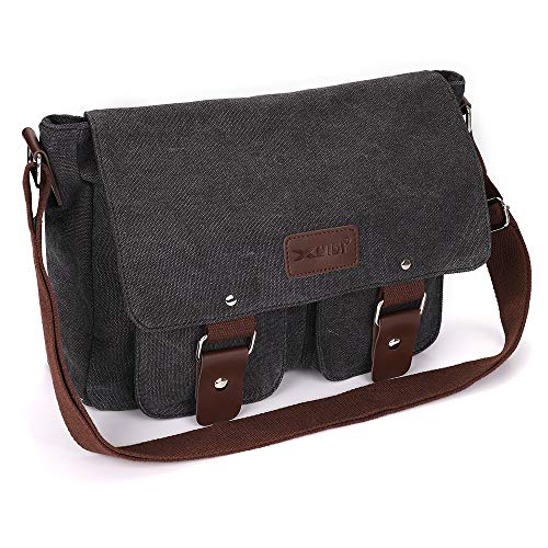FREESOO Sac Bandoulière Hommes Sac Messenger en Toile Vintage Rétro Sac Porté Épaule Unisexe Sacoche Ordinateur Portable 13 Pouces pour Travail École Voyage, Noir