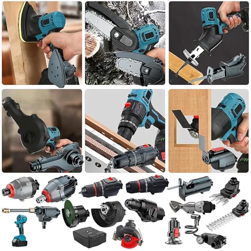 Kit combinado de herramientas eléctricas con baterías y cargador, incluye taladro de impacto, sierra de calar, destornillador, lijadora, máquina de limpieza, sierra de cadena, llave, martillo