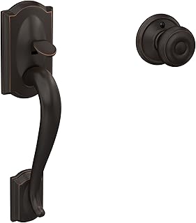 Schlage FE285 CAM 716 GEO Camelot Front Entry Handleset with Georgian Knob, Lower Half Grip, Aged Bronze