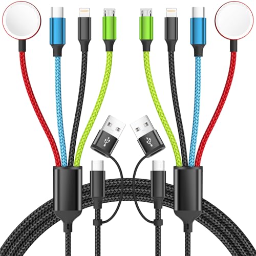 Travel Essentials 4 in 2 Multi Charging Cable for Apple iWatch Charger, USB A/USB C Multiple Charger Cord for iWatch Ultra/SE/10-2, iPhone 17-11, Galaxy S25-21, iPad (2PACK 5FT)