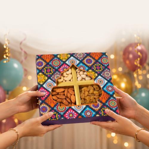 Image of Leeve Birthday Dry Fruit and Nut Gift Hamper with Cashews, Almonds, Salted Pistachios and Golden Raisins | 4-Section Decorative Box for Men, Women, Friends and Family | 200 g X 3