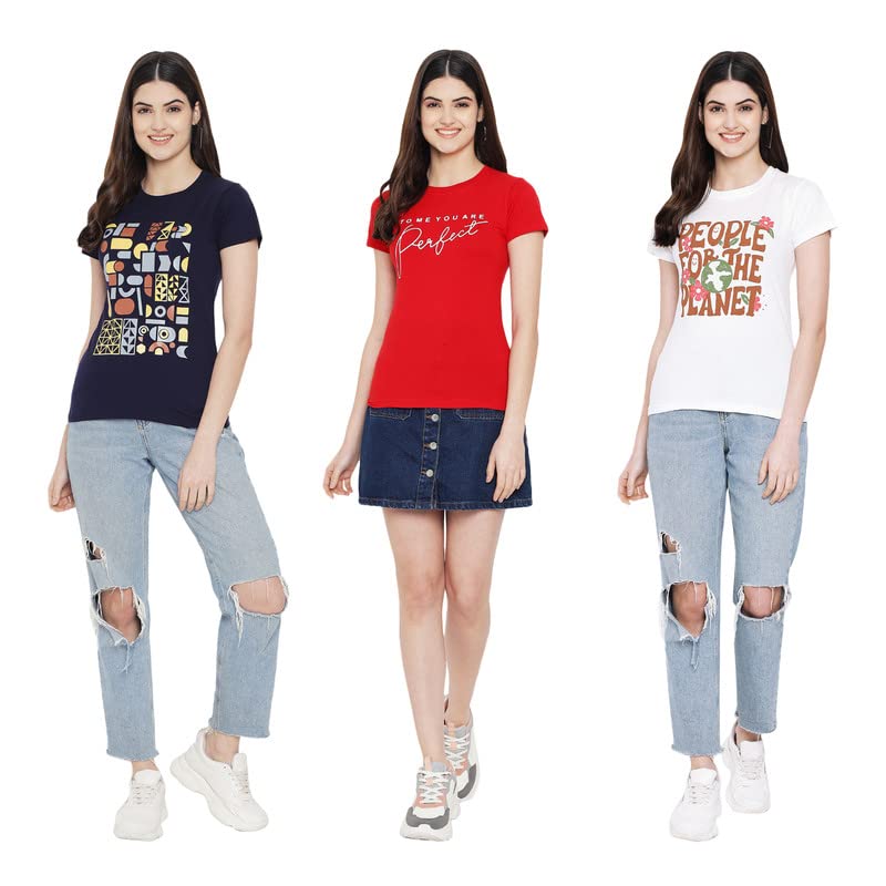 Image of Preneum Women's Cotton Regular Fit Graphic Stylish Printed Short Sleeves Casual T-Shirt || Trendy & Stylish (Pack 3), Navy Blue & Red & White, L