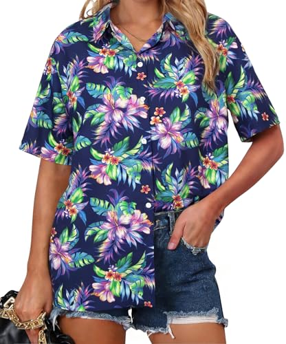 Image of ASTANFY Hawaiian Shirt Women Hawaii T-Shirt Tropical Floral Printed V Neck Shirts Soft Cool Summer Beach Button Up Blouse