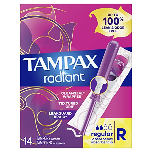 Image of Tampax Radiant Tampons for Women,with LeakGuard Braid,Regular Absorbency,Unscented,84 Count (Pack of 2)