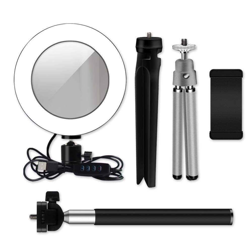 Luce ad anello a LED da 8,7 pollici con specchio per il trucco con supporto per treppiede e supporto per telefono flessibile per video e trucco di YouTube, lampada a LED da tavolo regolabile