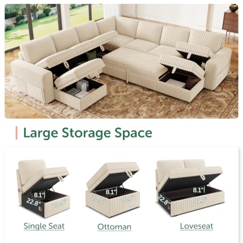Image of HONBAY Modular Sectional Sleeper Sofa with Pull Out Bed Oversized Corduroy L Shaped Sofa Bed with Storage Couches for Living Room,Beige