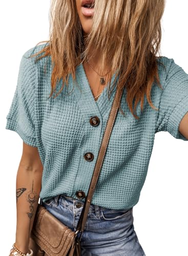 Image of Dokotoo Womens Summer Tops 2026 Waffle Knit Button Down Shirts | Trendy,V Neck,Loose Fit,Jacket,Short Sleeve,Summer Cardigan,Cropped,Shacket,Going Out Outfits,Dressy
