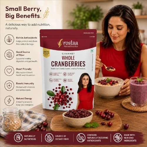 Image of Rostaa Gourmet Whole Cranberries | Premium Dried Cranberrie Rich in Antioxidants, Fiber & Vitamin C | Supports Immunity, Digestion & Heart Health | Naturally Sweet & Tangy Healthy Snack | 200g, Pack of 3 (600 GM, Whole Cranberrie )