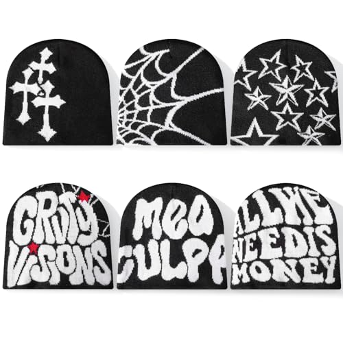 6 Pcs Y2K Knitted Beanies Spider Web Star Letters Pattern Beanie Cross Graphics Knitted Hat Casual Streetwear Outdoor Sports Trend Beanie for Men Women Black