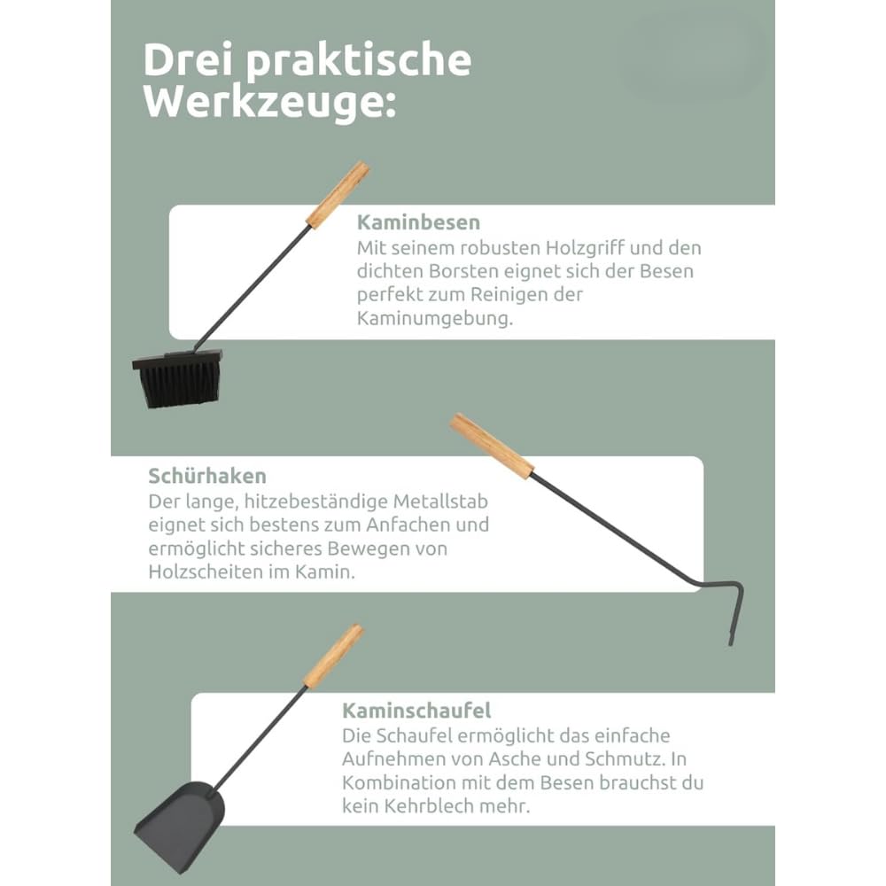 Kaminbesteck modern IGOR | 5-teilig mit Holzgriff | Schürhaken Besen Ascheschaufel | Kamingarnitur Anthrazit Ofenbesteck Kaminzubehör