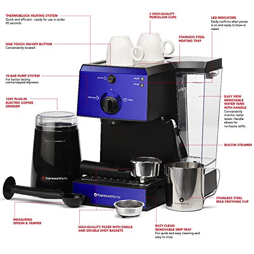 Espresso Machine & Cappuccino Maker with Milk Steamer- 15 Bar Pump, 7 Pc All-In-One Barista Bundle Set w/ Built-in Frother (Inc: Coffee Bean Grinder, Milk Frothing Cup, Tamper & 2 Cups), 1350W (Blue)